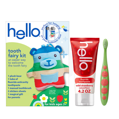 hello Tooth Fairy Kit with Tooth Fairy Door Hanger and Tooth Teddy Bear, Includes Full Size Fluoride Kids Strawberry Toothpaste and Kids Toothbrush, For Children Ages 3 and Up.